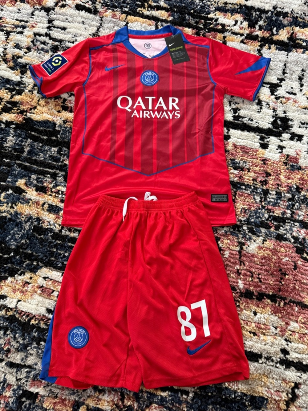 Nike PSG Qatar Airways Red Soccer Jersey & Shorts Set youth size 28